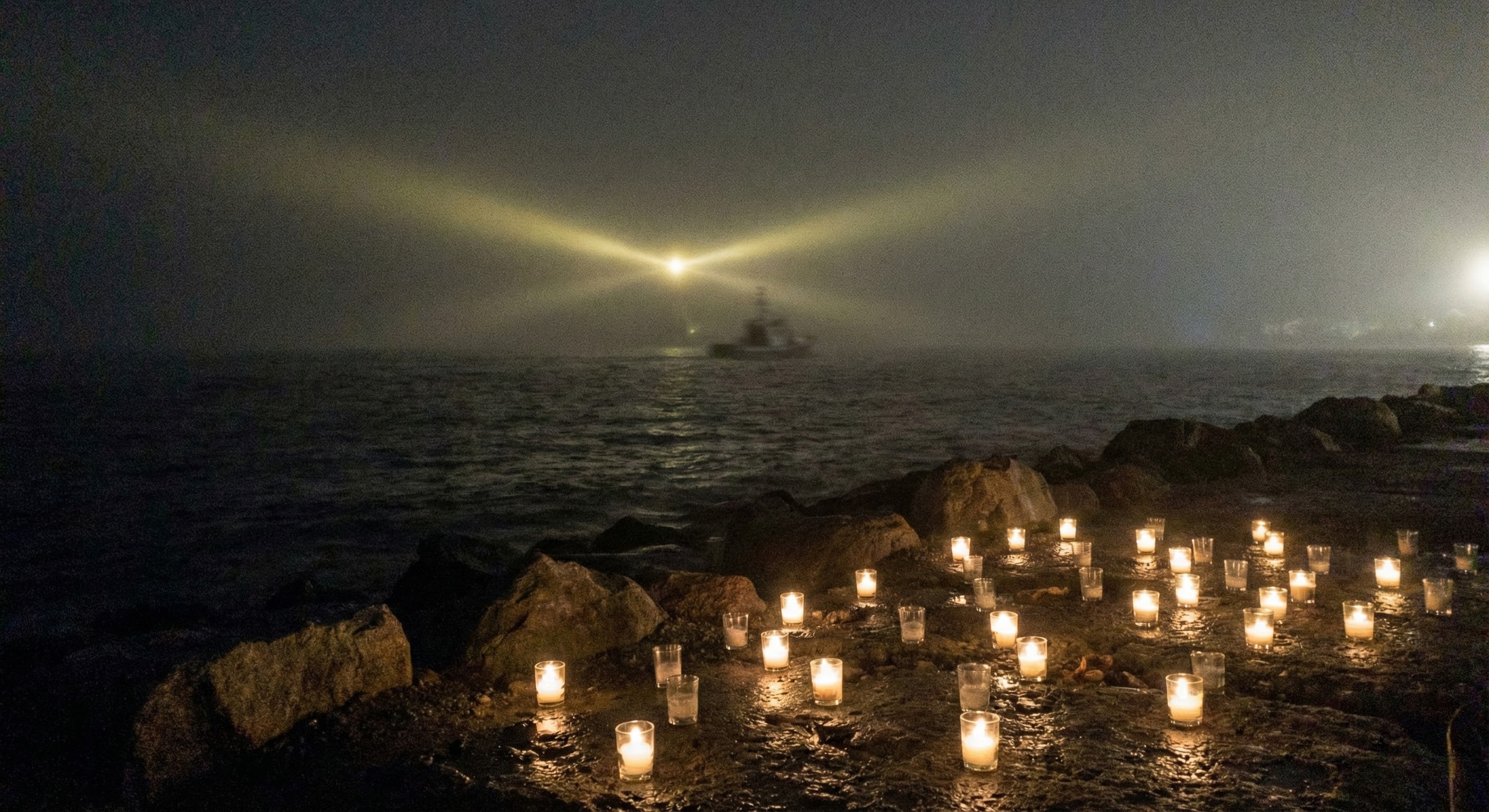Dozens of candles in glass votives flicker on wet rocks at the water's edge, while a boat's searchlight cuts through heavy sea fog in the distance