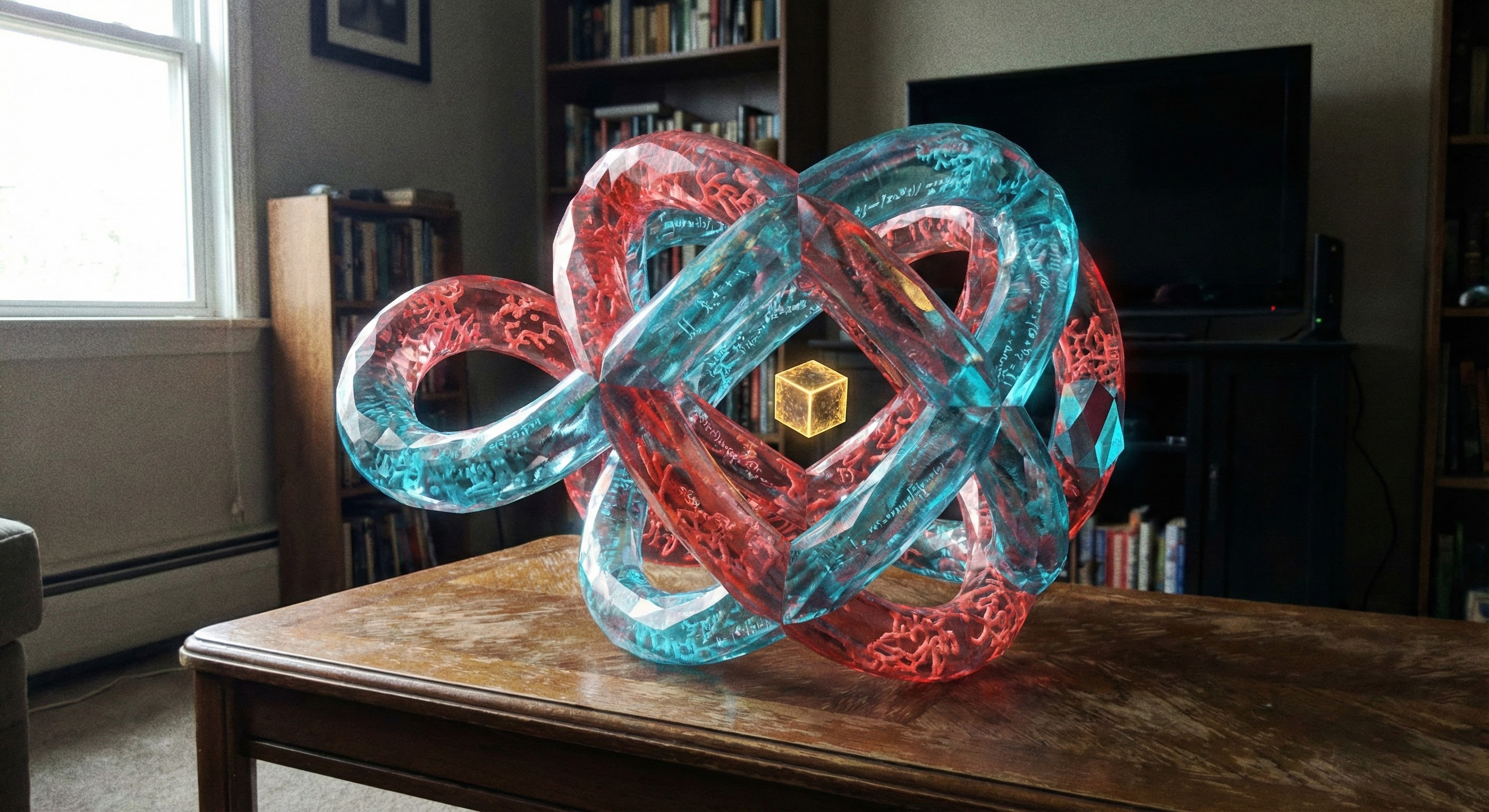 A surreal crystalline sculpture of interlocking tori in translucent red and cyan hovers above a wooden coffee table in an ordinary living room, with a small golden cube suspended at its centre
