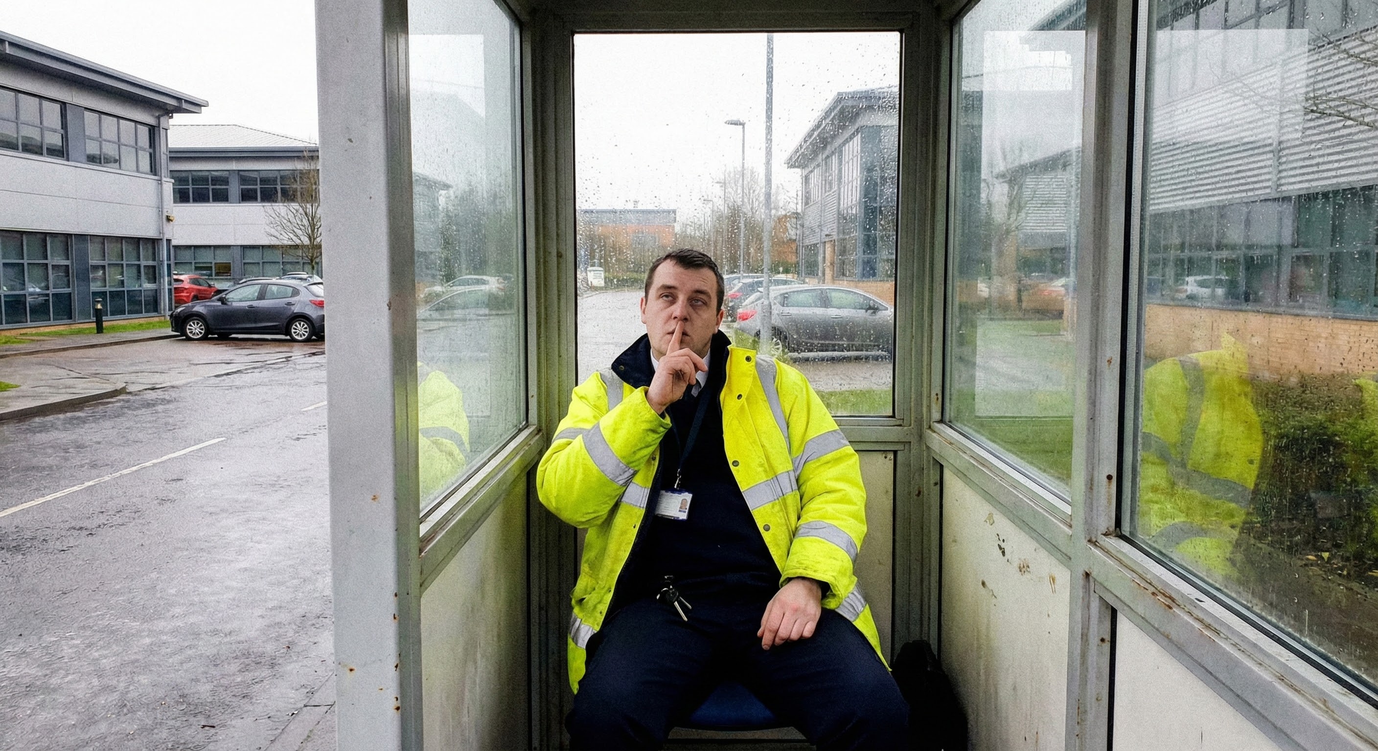 A man in a high-vis jacket sits wedged into a rain-spattered glass bus shelter on an overcast day, pressing a finger to his lips in a shushing gesture